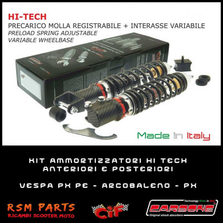 Kit Ammortizzatori Hi Tech Vespa PX 200 E Arcobaleno Anteriori Posteriori Carbon Look